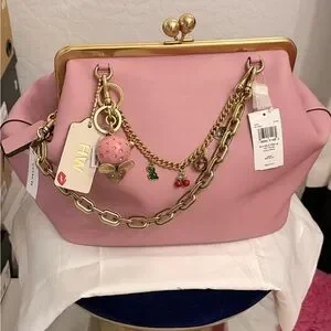 Coach Large Oversized Kisslock Frame Bag Pink with Pink Mouse charm & 2 chains